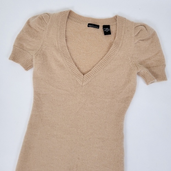 *Free with Purchase* Angora Puff Sleeve Mini Dress Tan V-neck Soft - Picture 9 of 12